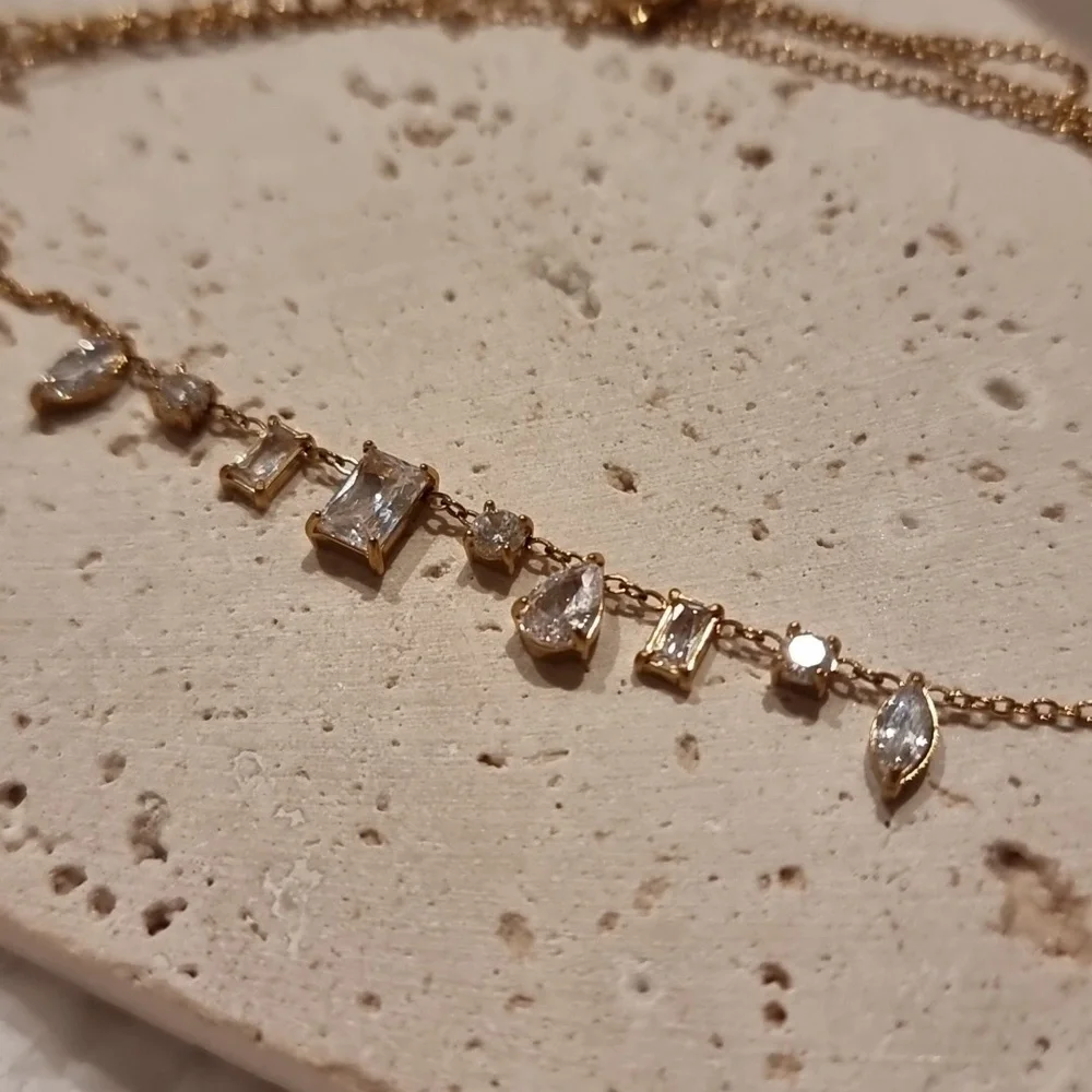 Diamond Cut Necklace Gold Ss Necklace with Clear Cubic Zircona AAA Stones - Picture 6 of 8